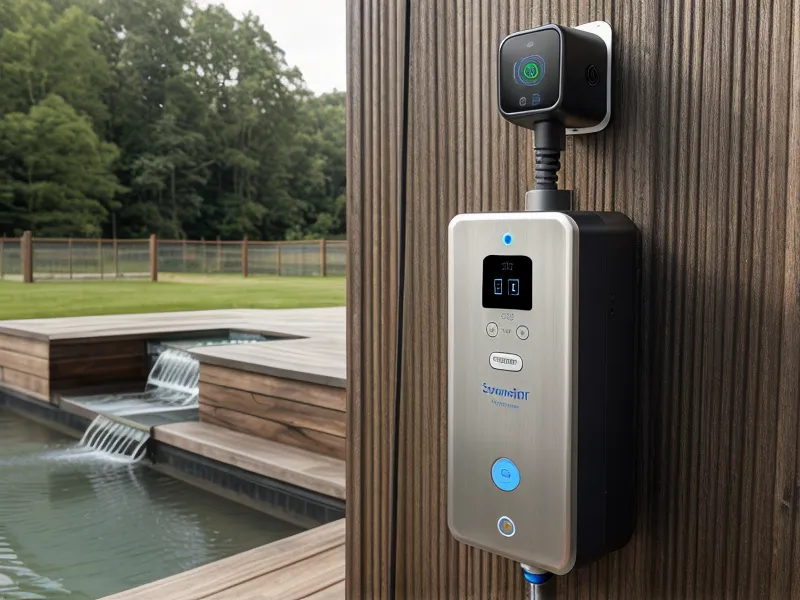 Close up of a smart water monitoring system inside a rustic pump house.
