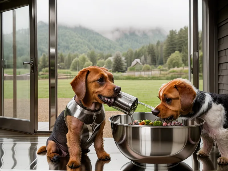 Two dogs drinking from a clean water bowl on a rustic homestead porch.