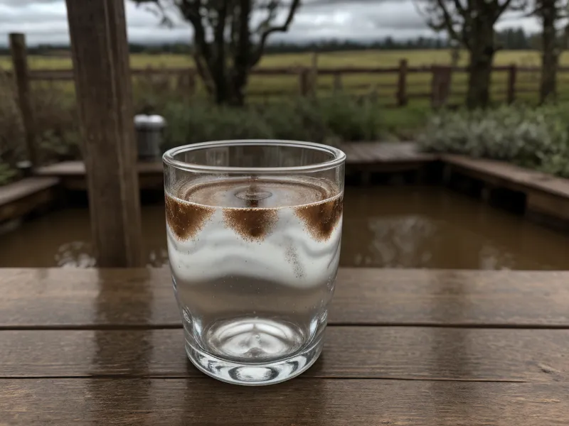 A glass of turbid brown well water next to muddy homesteading gloves