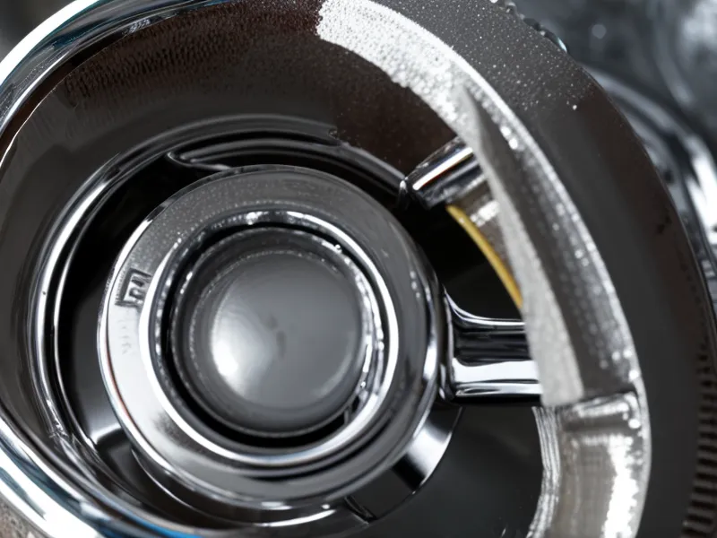 Close-up of thick white hard water scale on a kitchen faucet aerator.