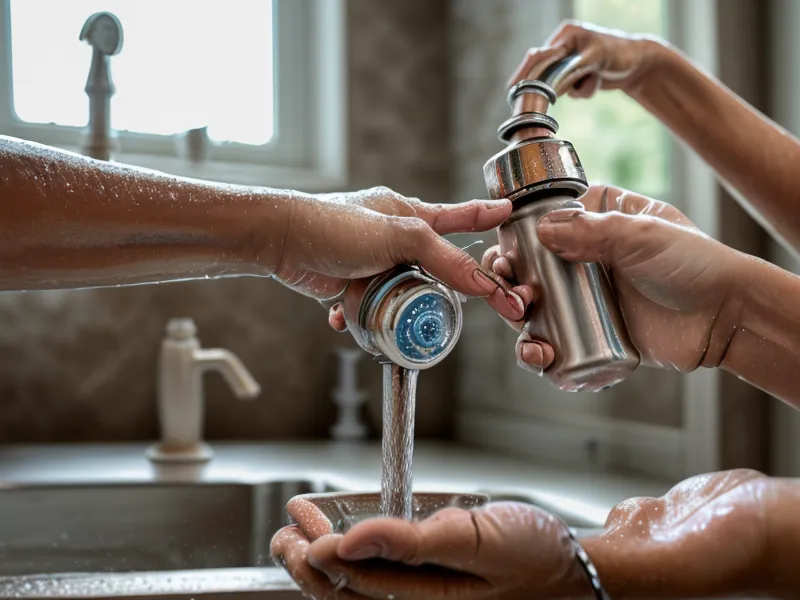 Gritty calcium mineral flakes being held in a hand after removing a faucet aerator.