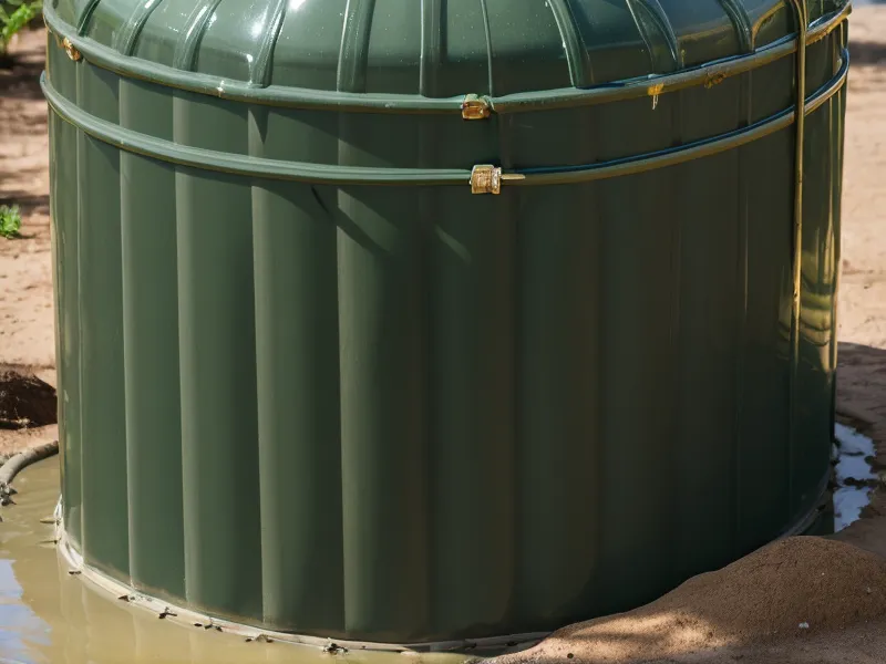 Close-up of a 2500 gallon water storage tank with plumbing fittings on a homestead.