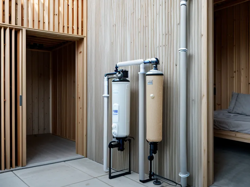 A SmartWaterBox filtration system installed on a wooden wall in a homestead shed.