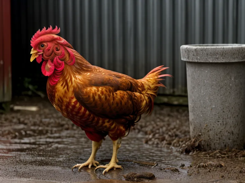 A Rhode Island Red chicken near a water pipe in a muddy chicken coop.