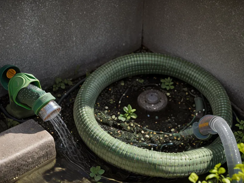 A garden hose circulating water back into an open well casing next to a bleach bottle.