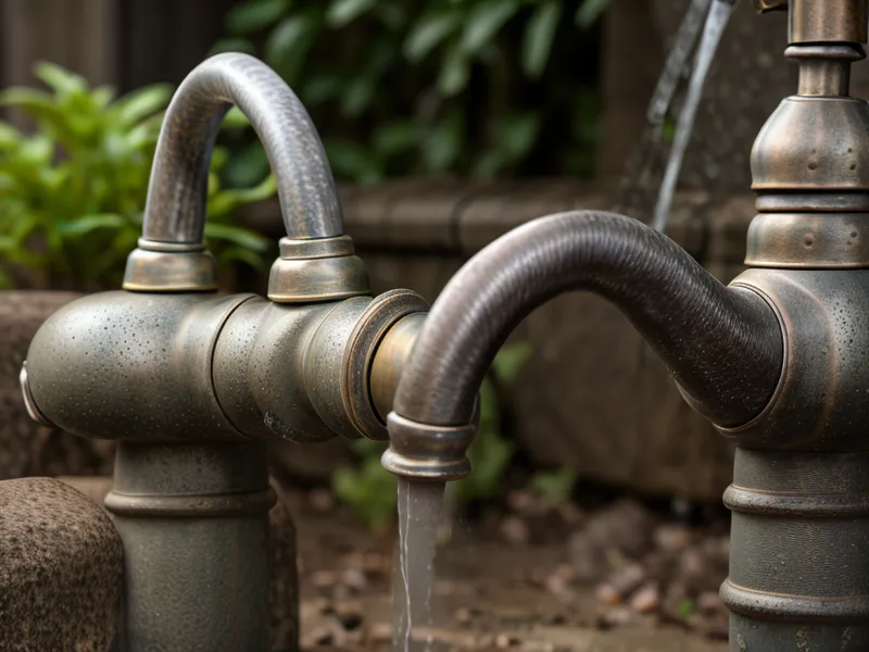 Close up of an outdoor well water faucet and heavy duty hose