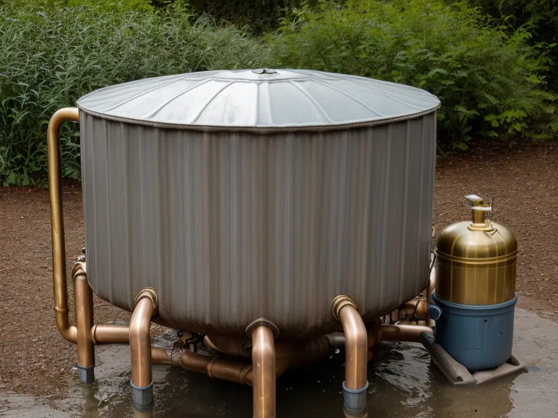 Close-up of a gravity-fed water tank system with PVC pipes on a homestead